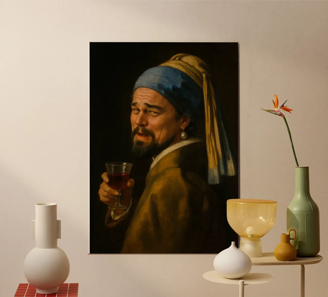 Der Löwe mit dem Perlenohrring - Vermeer Kunst Meme Parodie Poster mit Kunststoffrahmen von Lootprint