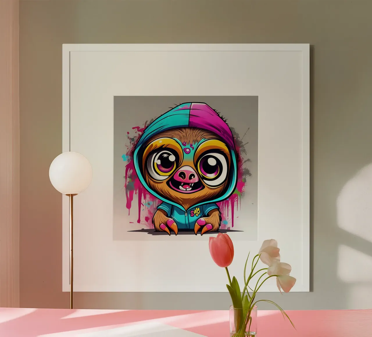 Bradipo_Stile_K_1 poster con telaio in legno da Tierisch bunt by LK