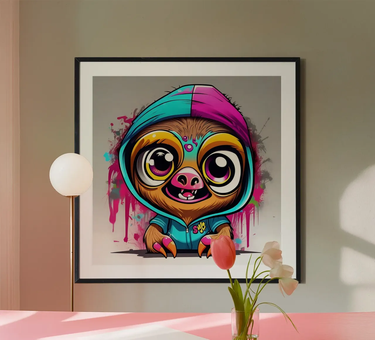 Bradipo_Stile_K_1 poster con telaio in legno da Tierisch bunt by LK