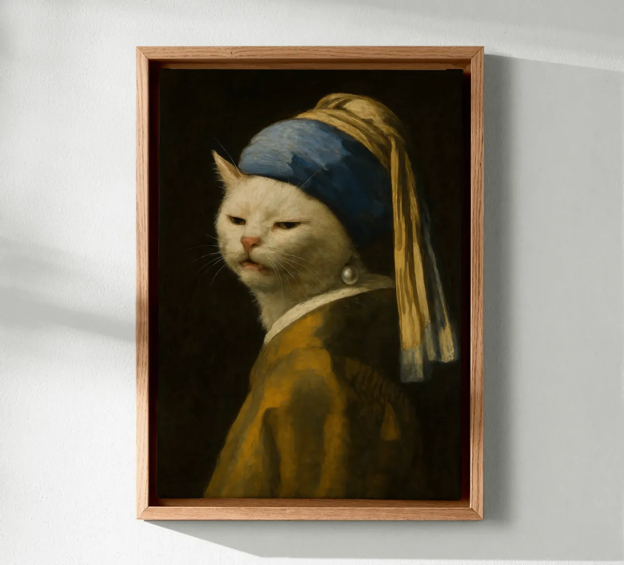 Smudge Cat with Pearl Earring - Vermeer Meme Art canvas with Floater frame by Lootprint