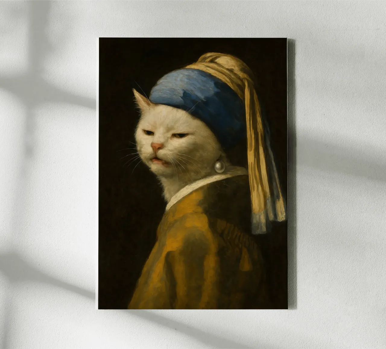 Smudge Cat with Pearl Earring - Vermeer Meme Art canvas with Floater frame by Lootprint