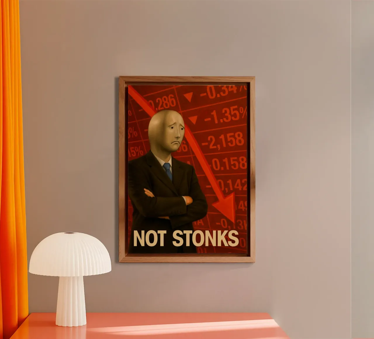 Poster del meme dell'uomo di Stonks Fail - Crash, tuffi e dolore alluminio dibond da Lootprint