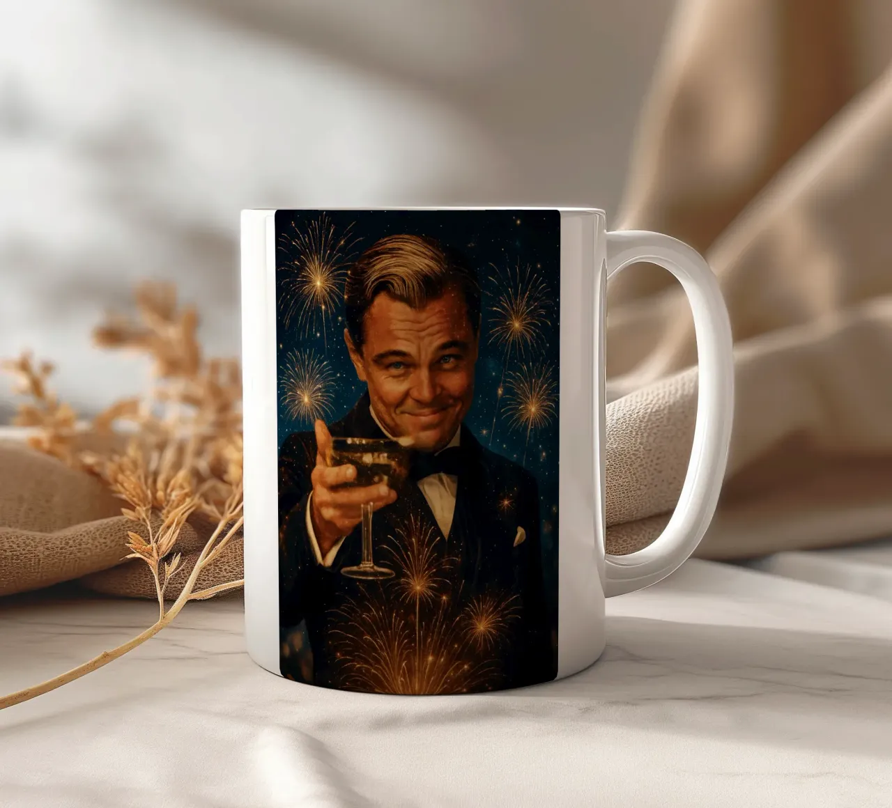 Leonardo DiCaprio Cheers - Grande Gatsby Meme Party Poster tazza in ceramica da Lootprint