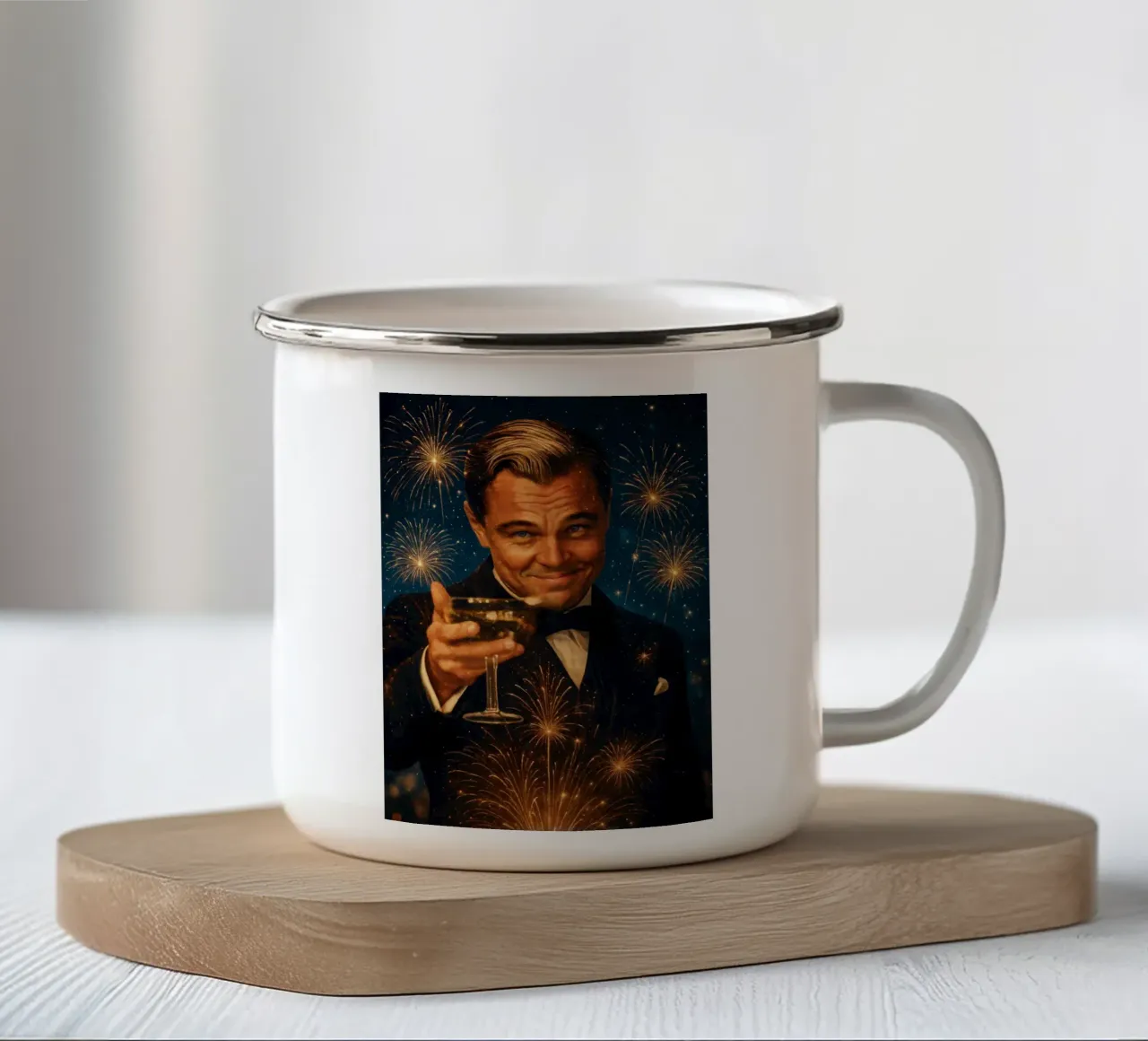 Leonardo DiCaprio Cheers - Grande Gatsby Meme Party Poster tazza in smalto da Lootprint