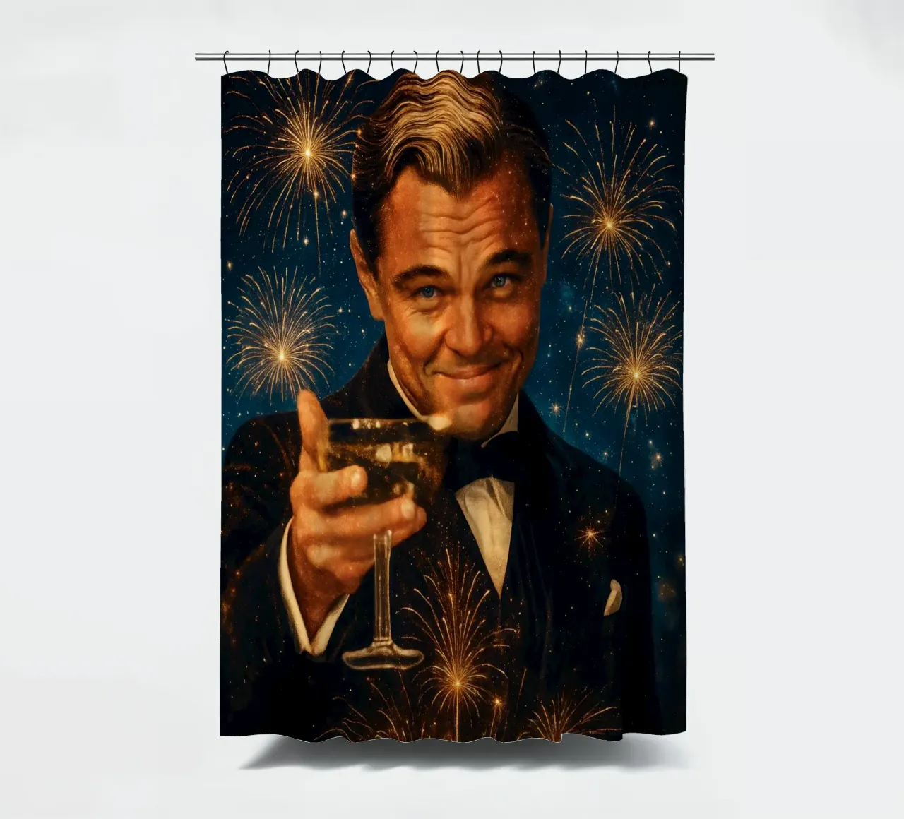 Leonardo DiCaprio Cheers - Grande Gatsby Meme Party Poster tenda da doccia da Lootprint