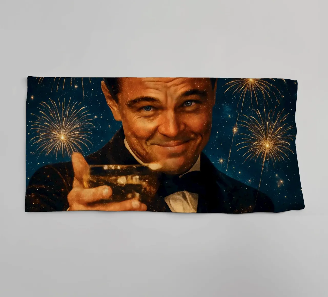 Leonardo DiCaprio Cheers - Grande Gatsby Meme Party Poster asciugamano da bagno da Lootprint