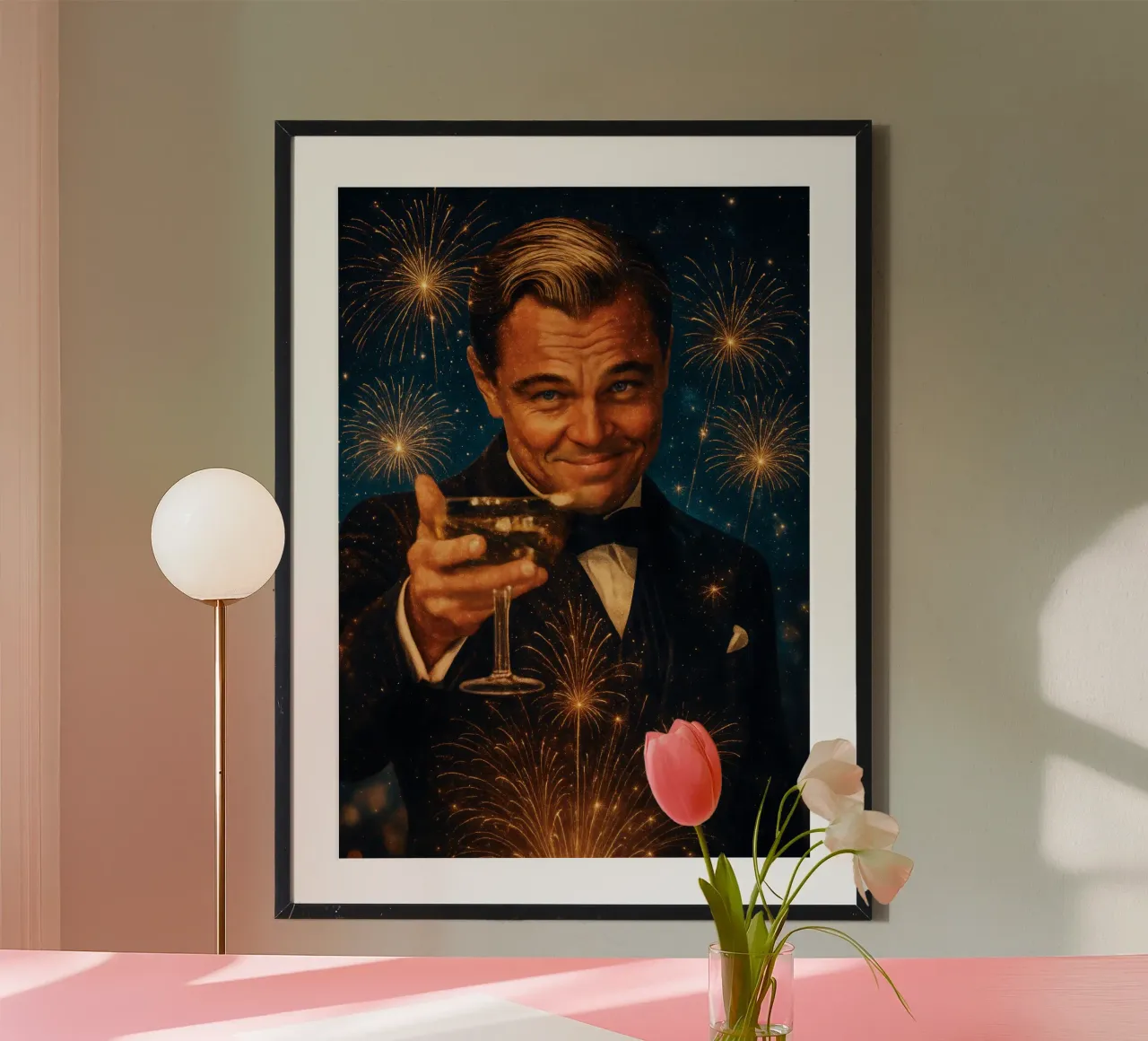 Leonardo DiCaprio Cheers - Grande Gatsby Meme Party Poster carta hahnemühle da Lootprint