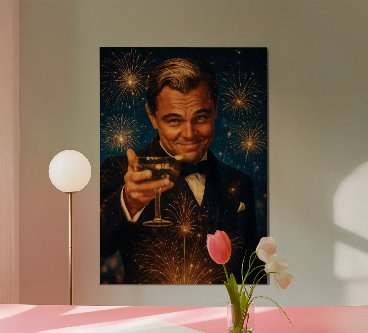Leonardo DiCaprio Cheers - Grande Gatsby Meme Party Poster carta hahnemühle da Lootprint