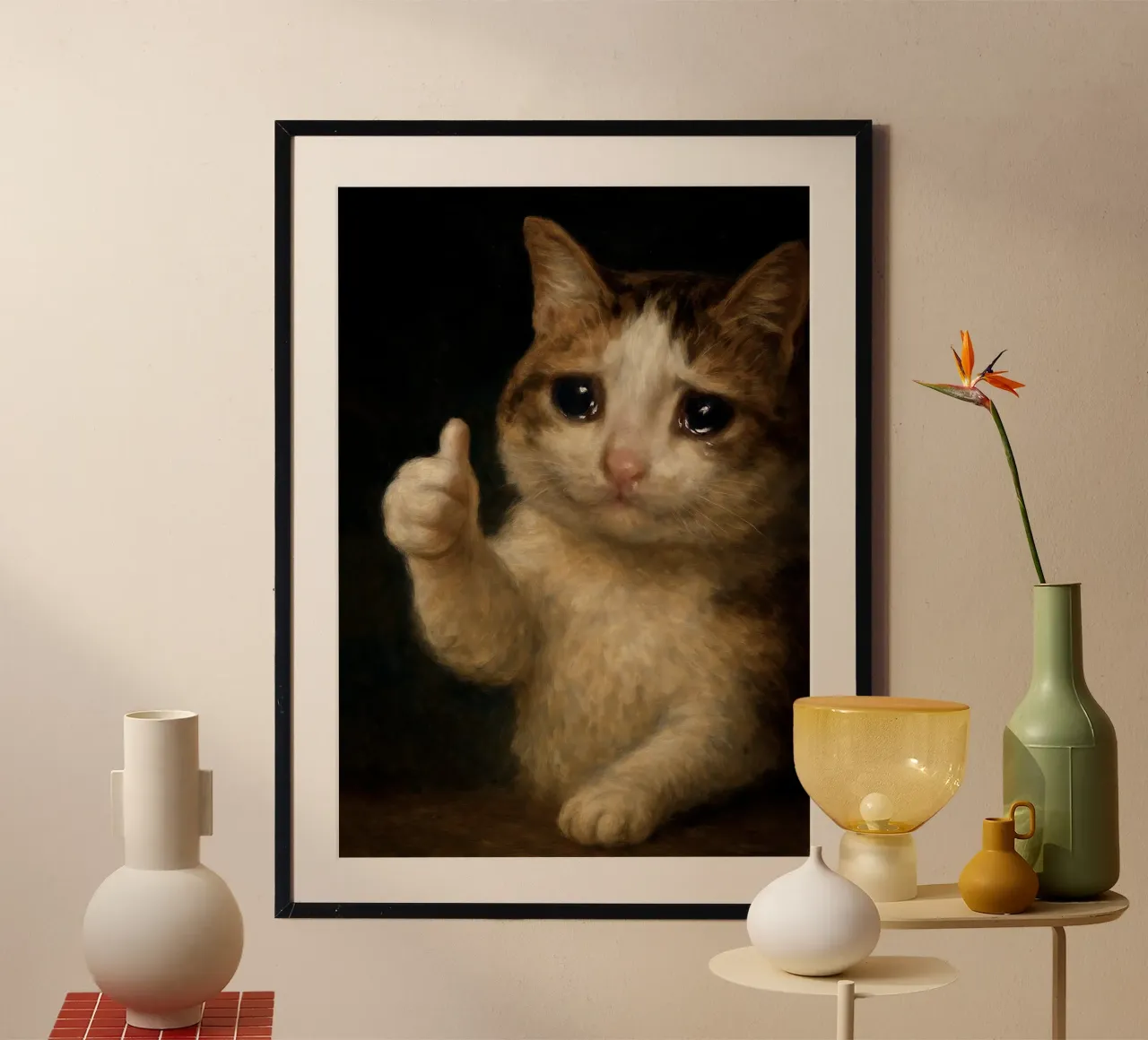 Poster d'un chat qui pleure et qui lève le pouce - Emotional Memety Art poster de Lootprint