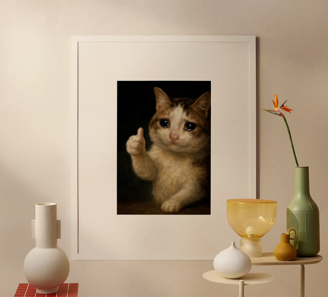 Poster d'un chat qui pleure et qui lève le pouce - Emotional Memety Art poster de Lootprint