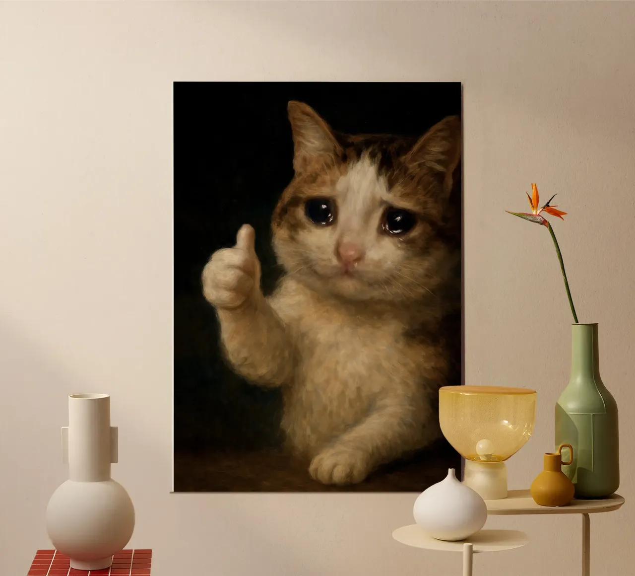 Poster d'un chat qui pleure et qui lève le pouce - Emotional Memety Art poster de Lootprint
