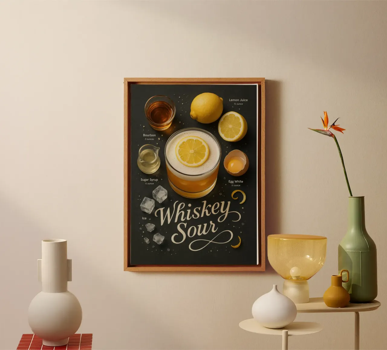Whiskey Sour Cocktail Poster – Bourbon and Lemon canvas with Floater frame by Lootprint