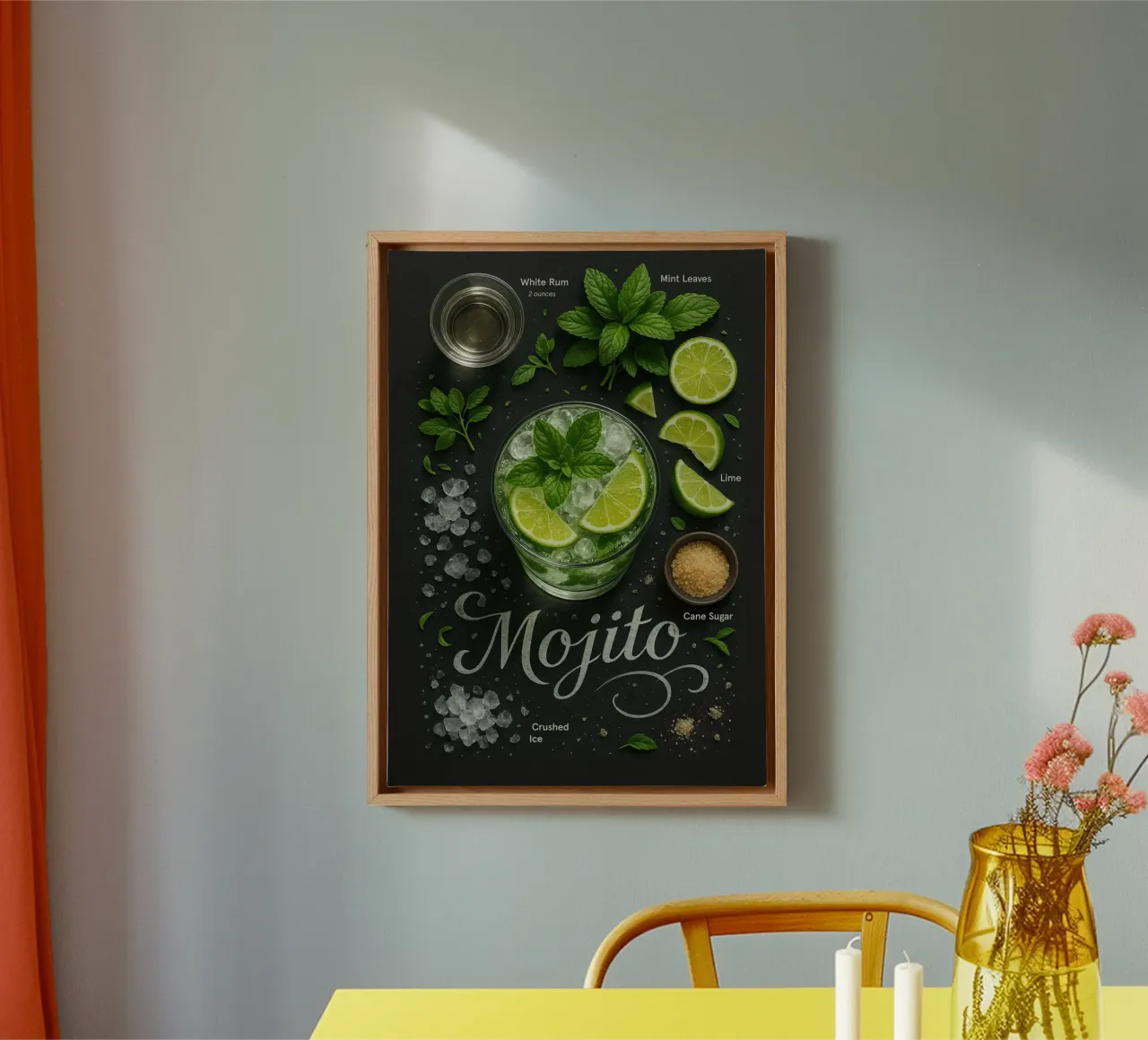 Cartel Cóctel Mojito - Ron, lima y menta lienzo con Marco flotante de Lootprint
