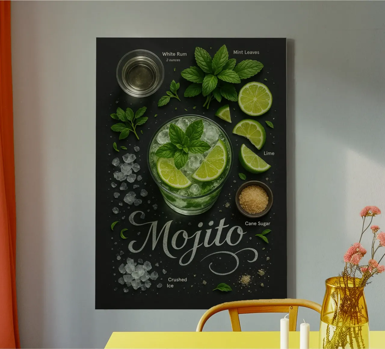 Cartel Cóctel Mojito - Ron, lima y menta lienzo con Marco flotante de Lootprint