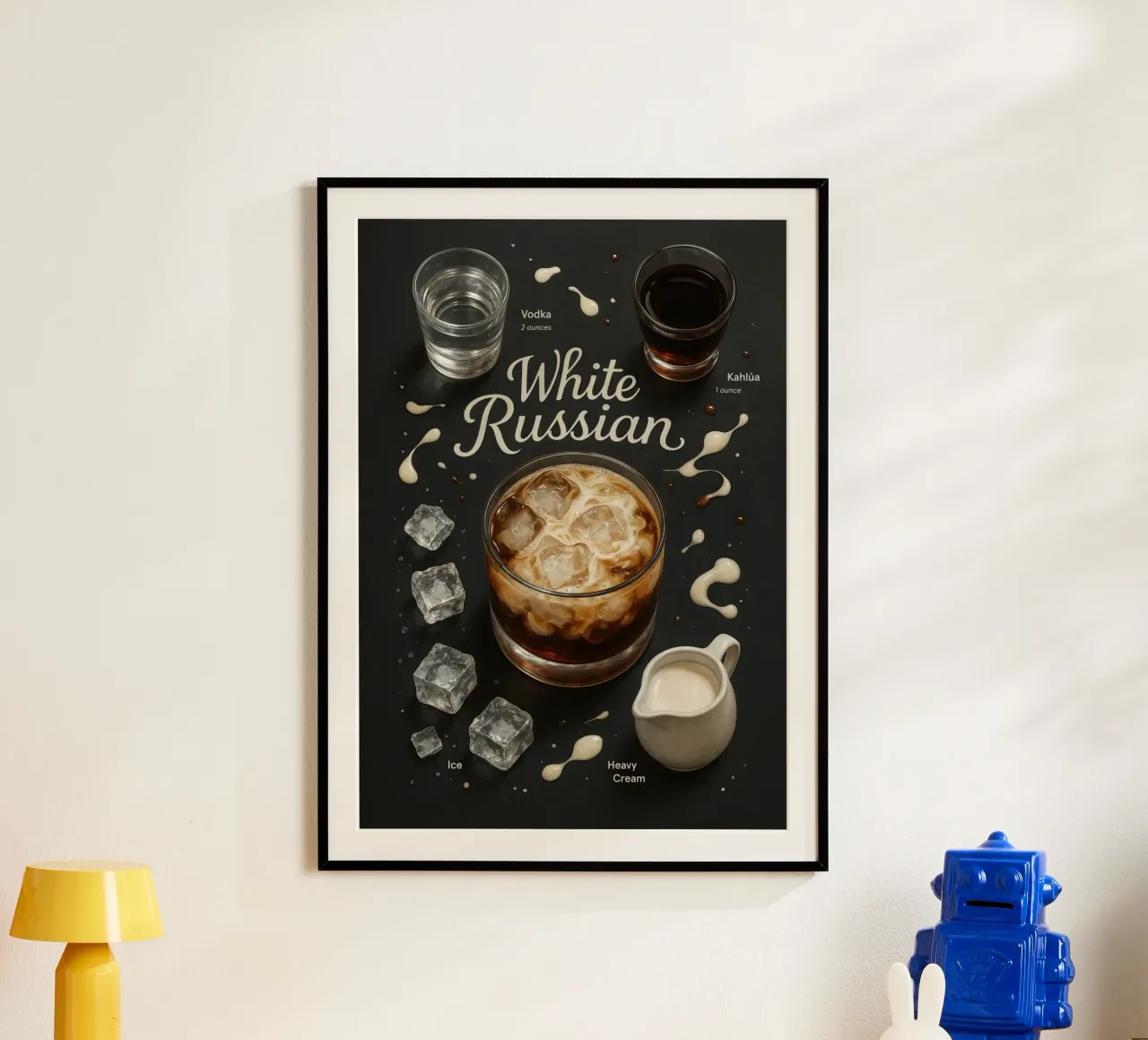 White Russian Poster – Creamy Retro Vodka Dessert Cocktail poster avec cadre en aluminium de Lootprint