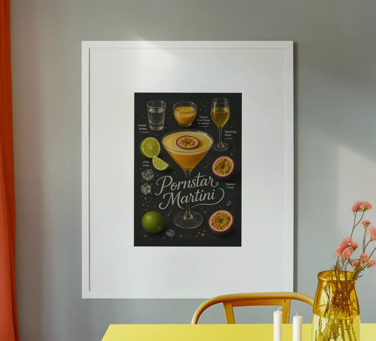 Pornstar Martini Poster – Passion Fruit and Vodka Cocktail poster con telaio in legno da Lootprint