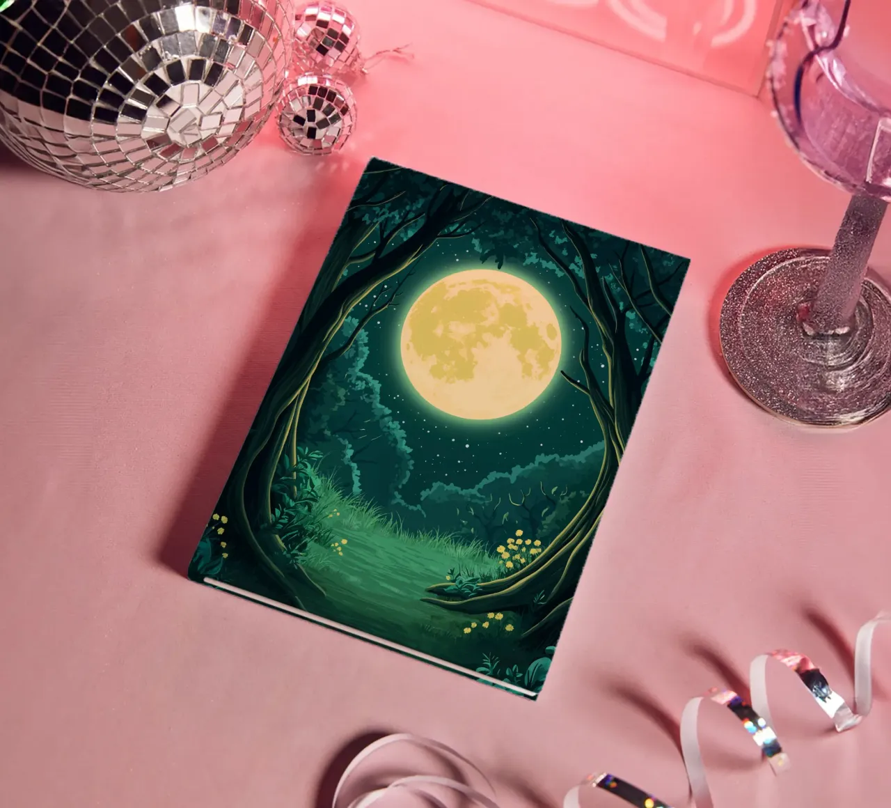 Full moon over a forest clearing at night notebook by pixelbull - medieval art and more
