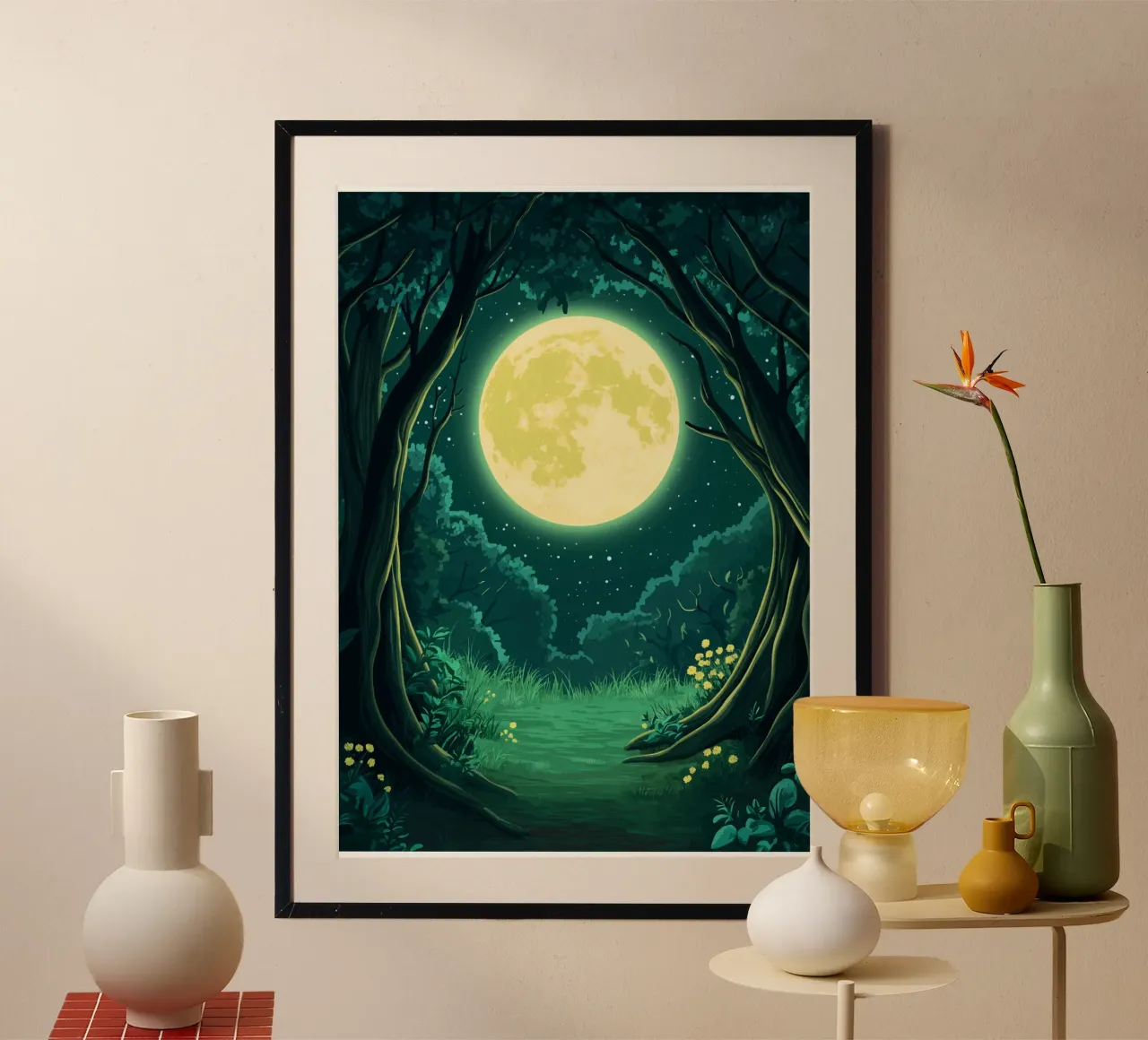Pleine lune au-dessus d'une clairière nocturne hahnemühle de pixelbull - medieval art and more
