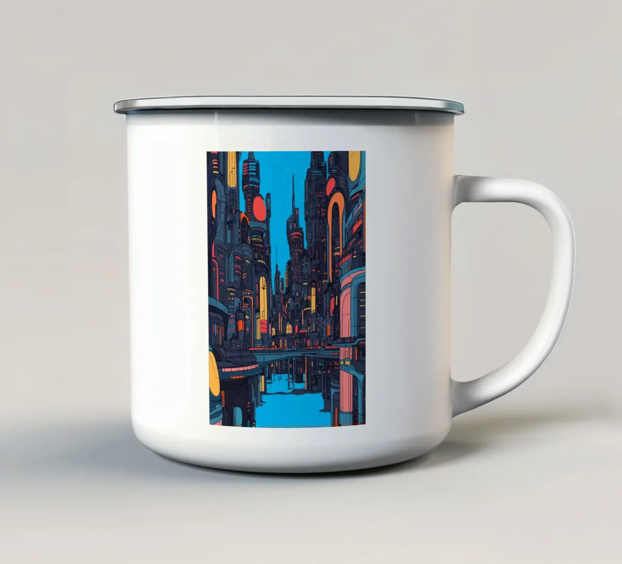 Megalopoli futuristica con luci al neon tazza in smalto da pixelbull - medieval art and more