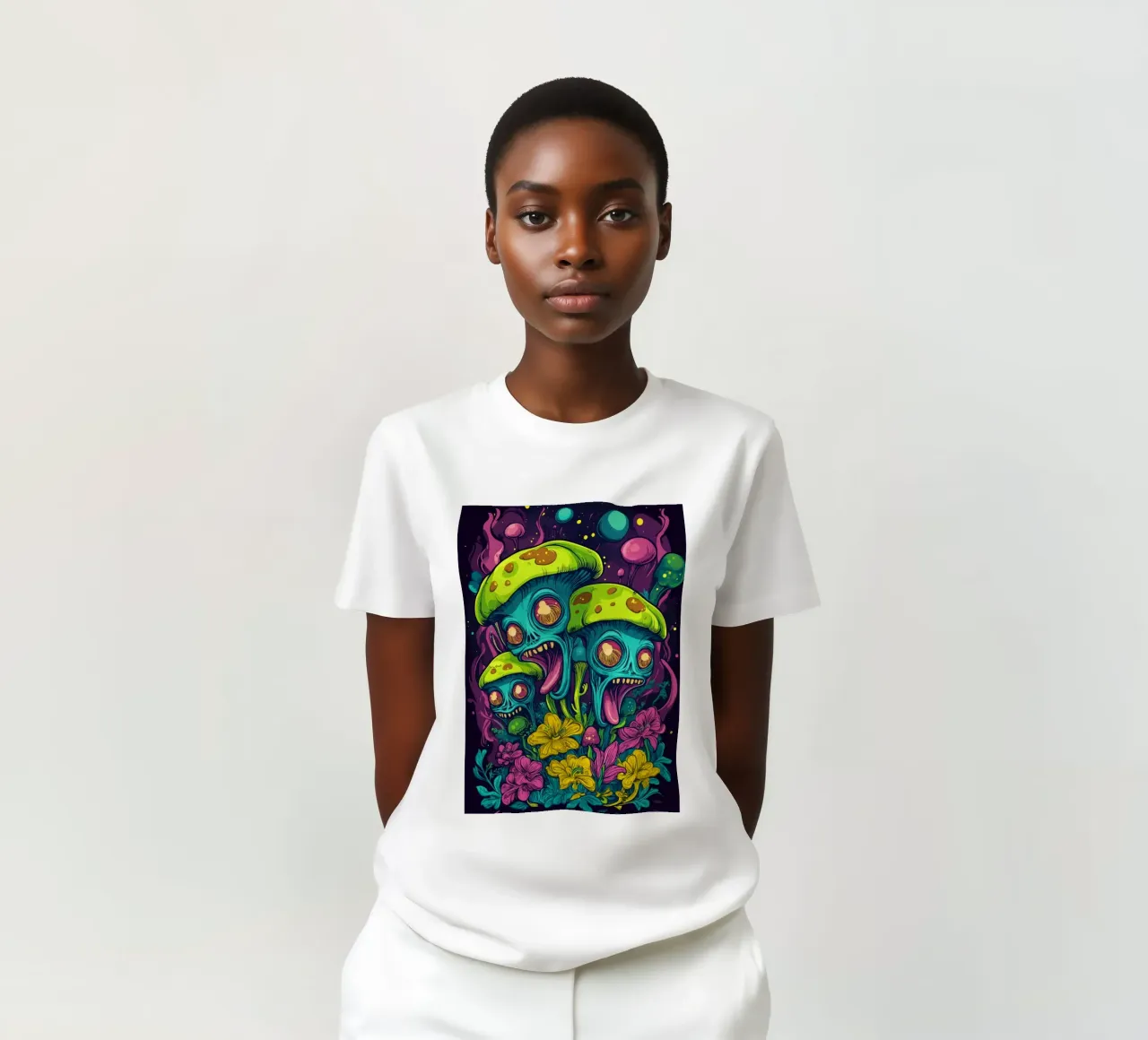 Setas alienígenas psicodélicas con flores de colores camiseta de pixelbull - medieval art and more