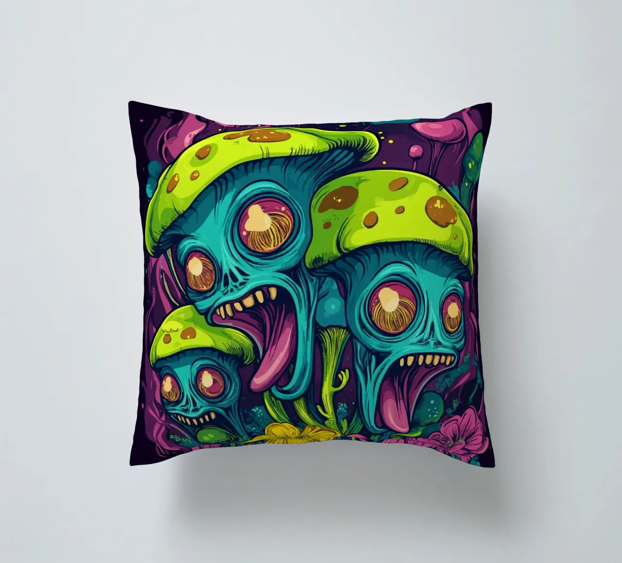 Psychedelische Alien-Pilze mit bunten Blumen Kissen von pixelbull - medieval art and more