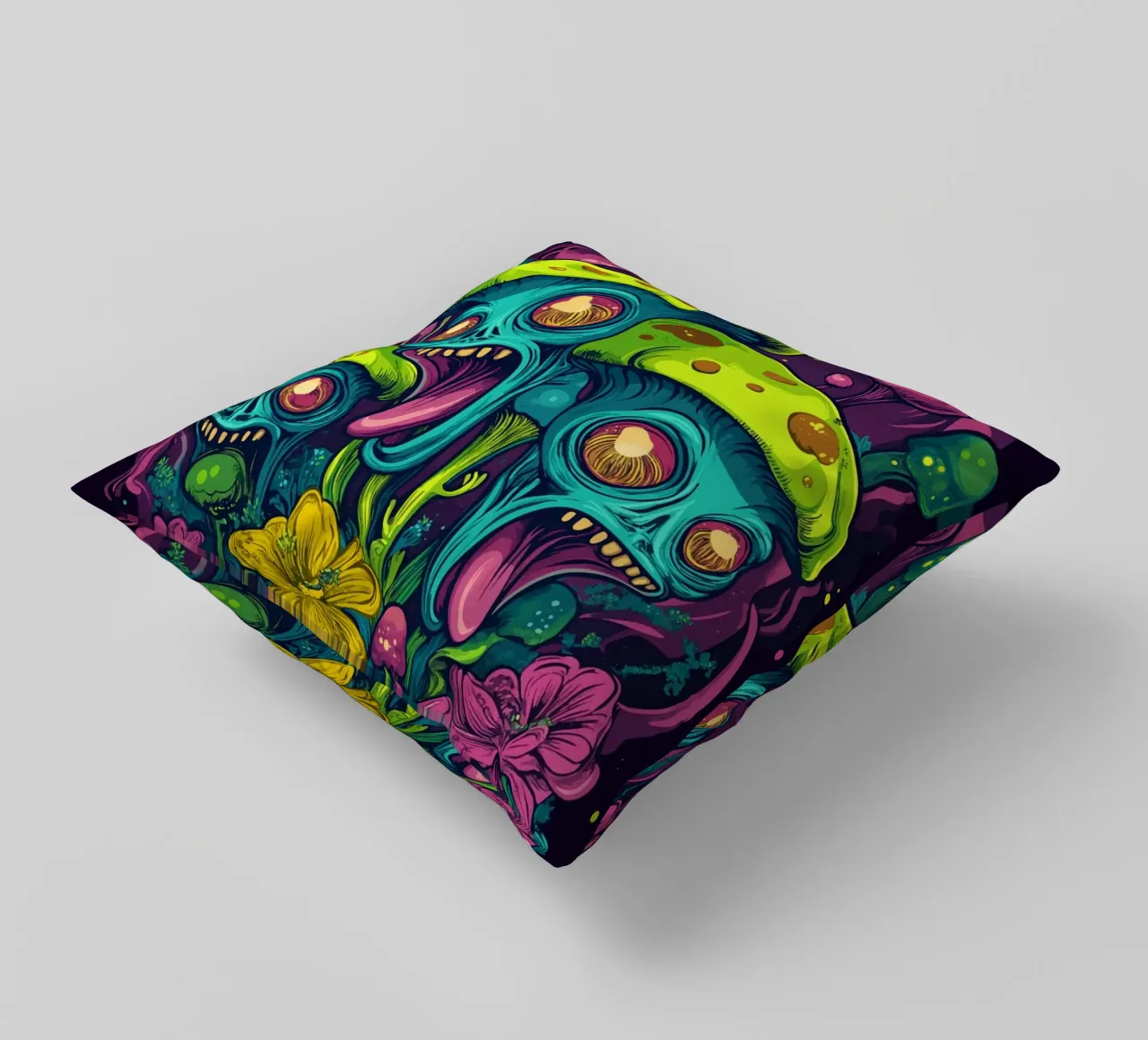 Psychedelische Alien-Pilze mit bunten Blumen Kissen von pixelbull - medieval art and more