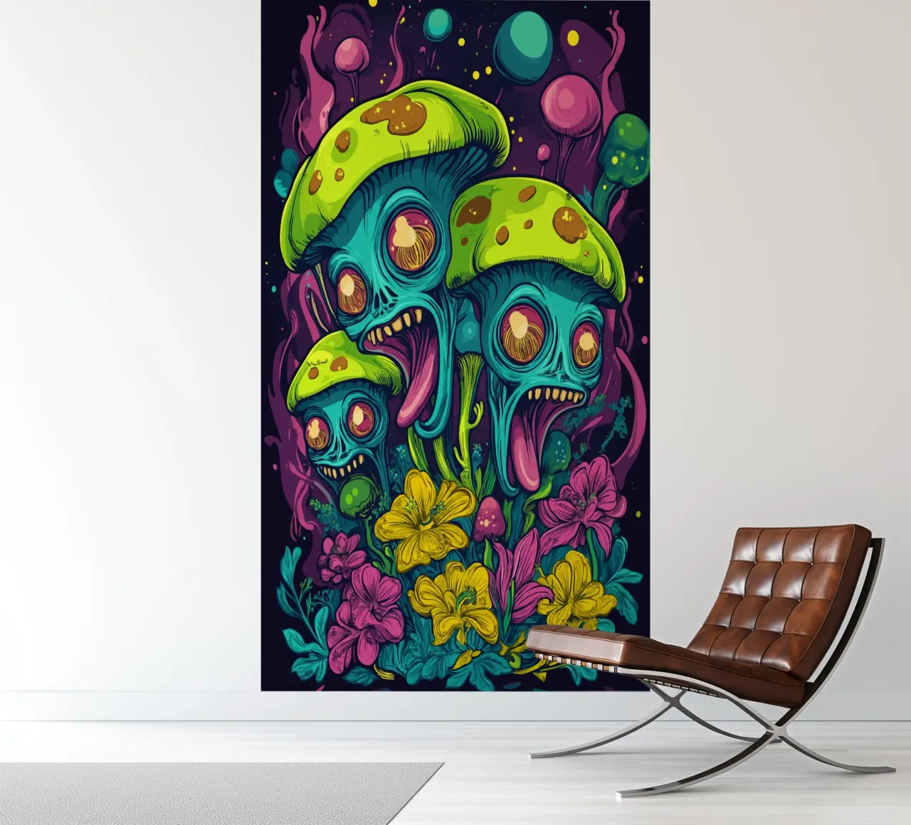 Psychedelische Alien-Pilze mit bunten Blumen Fototapete von pixelbull - medieval art and more
