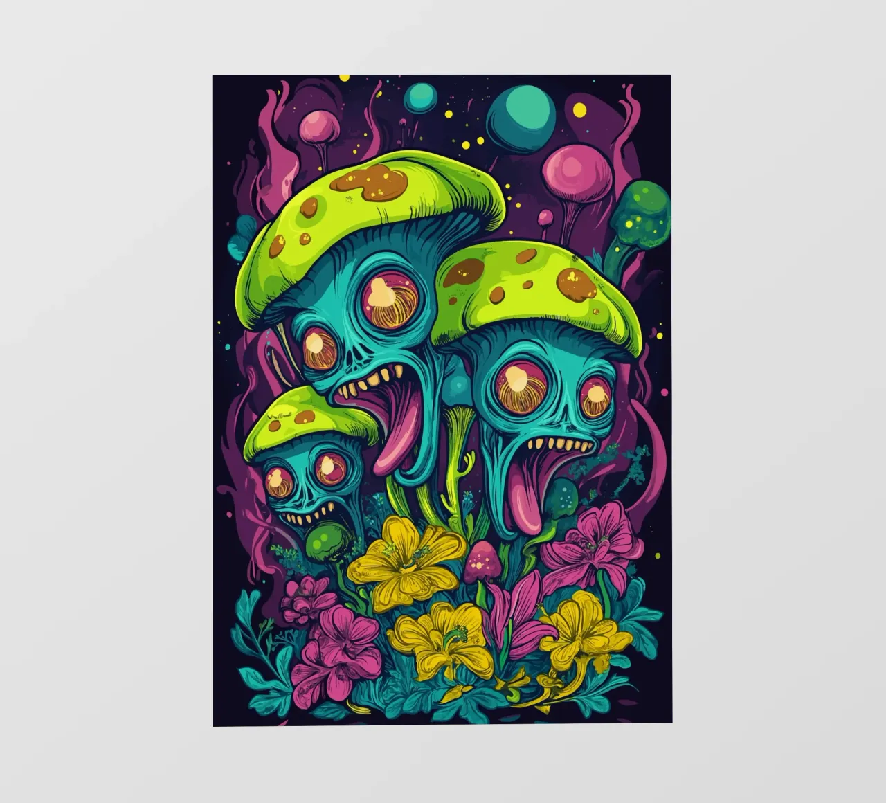 Funghi alieni psichedelici con fiori colorati telo in pvc da pixelbull - medieval art and more