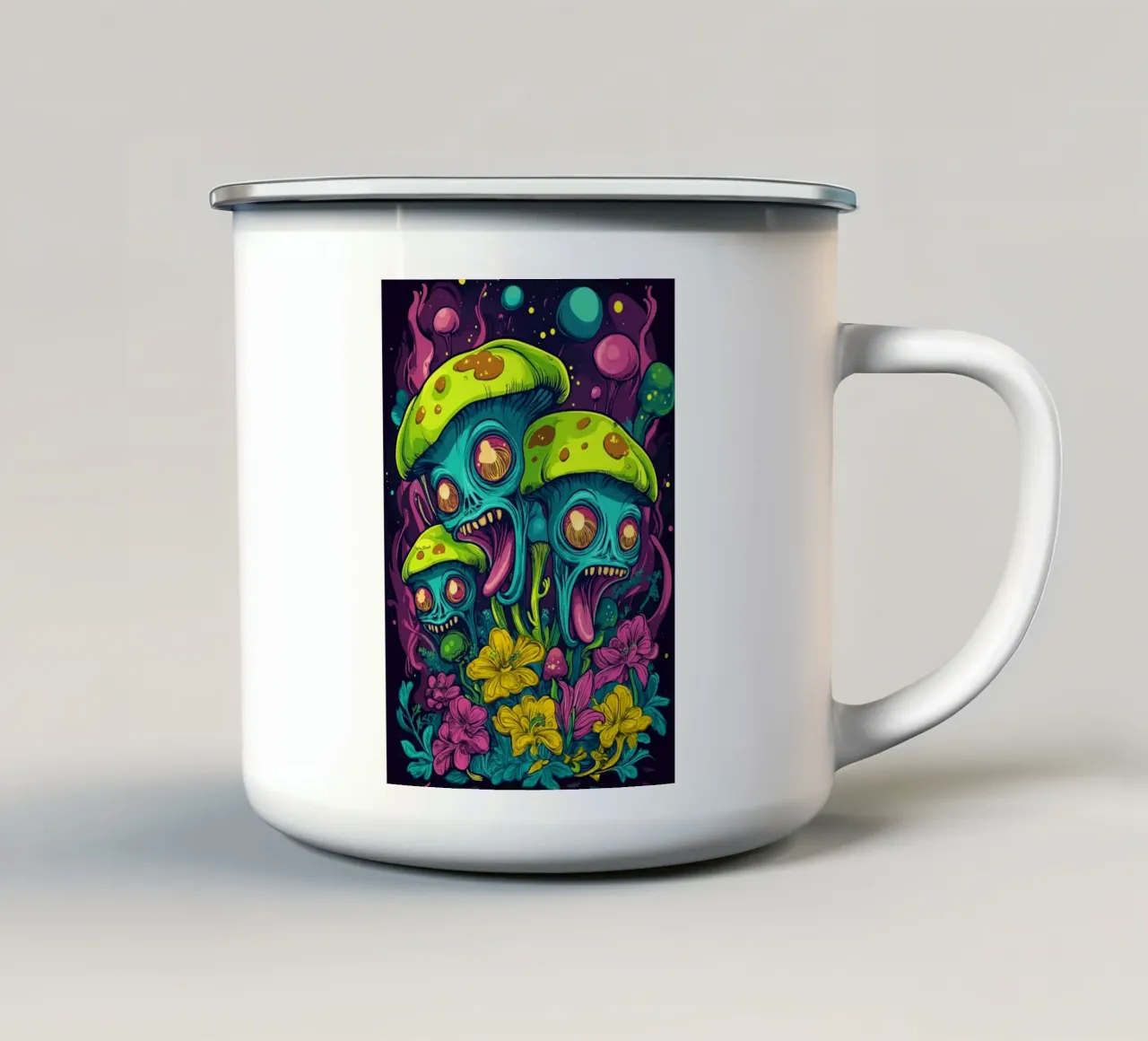 Funghi alieni psichedelici con fiori colorati tazza in smalto da pixelbull - medieval art and more