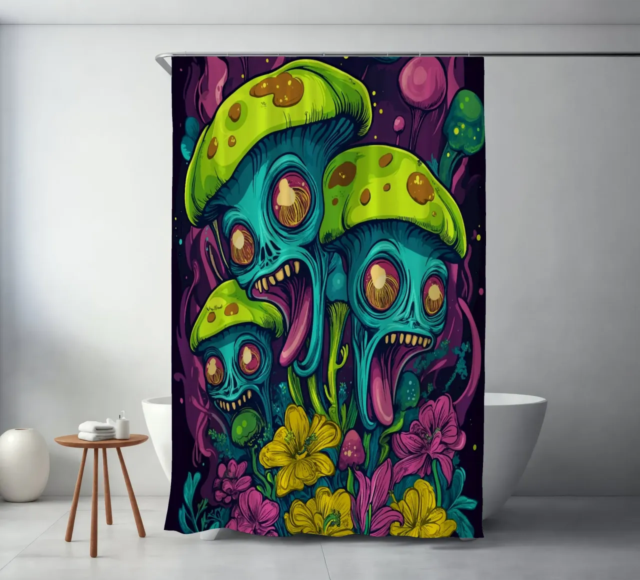 Psychedelic alien mushrooms with colourful flowers shower curtain by pixelbull - medieval art and more