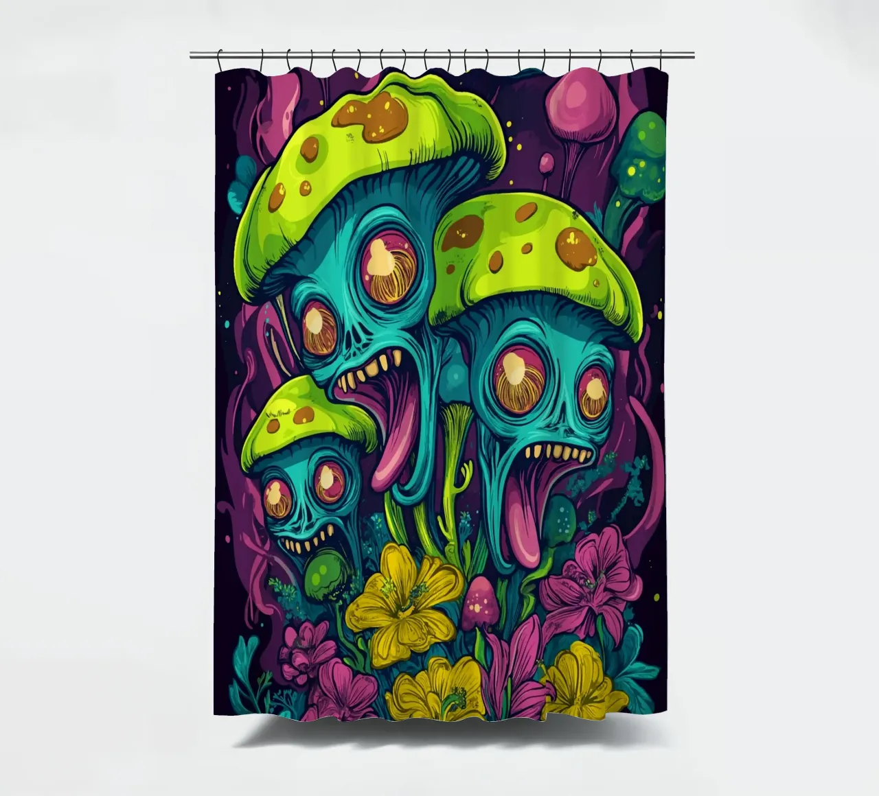 Psychedelic alien mushrooms with colourful flowers shower curtain by pixelbull - medieval art and more