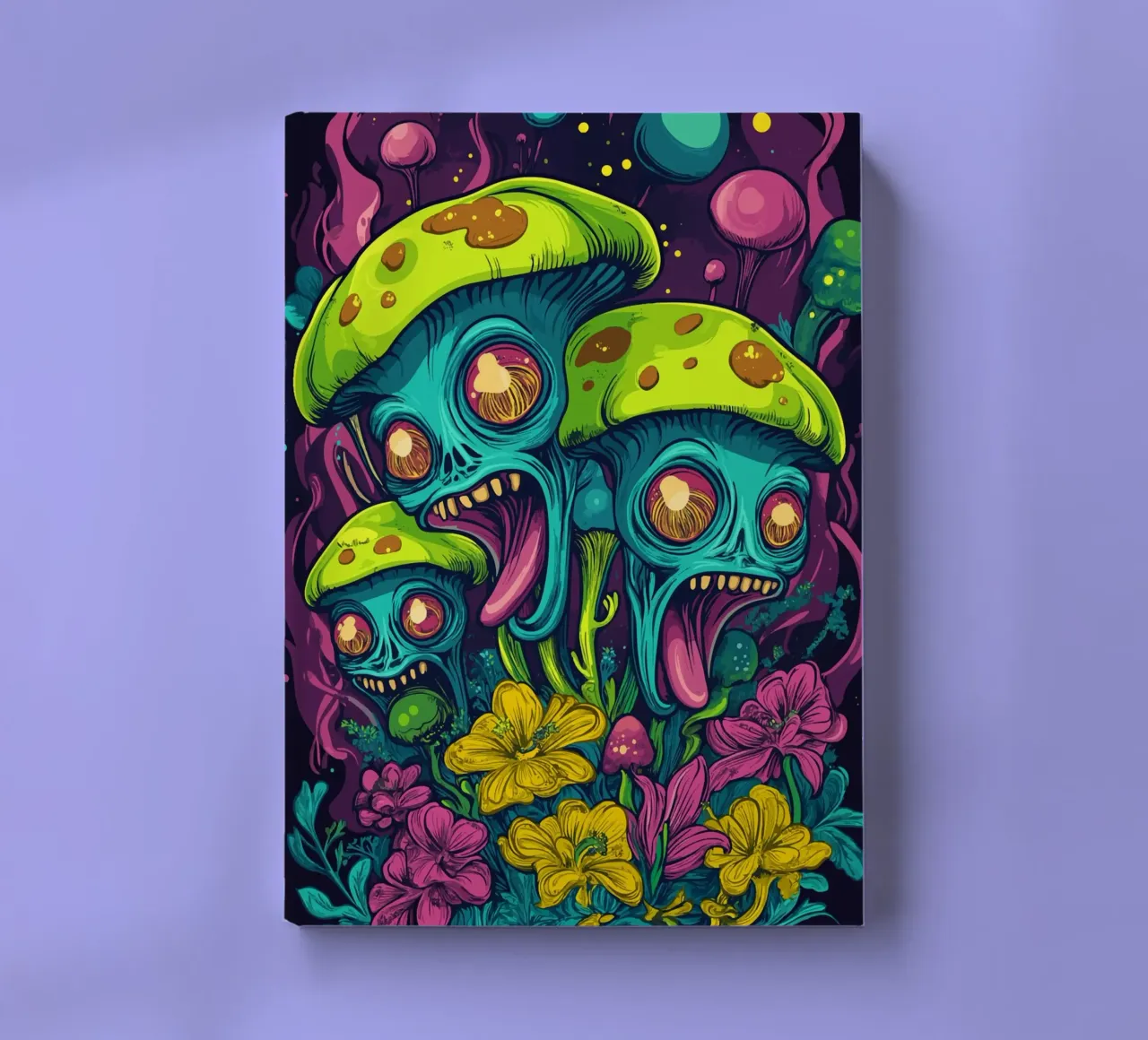 Psychedelic alien mushrooms with colourful flowers notebook by pixelbull - medieval art and more
