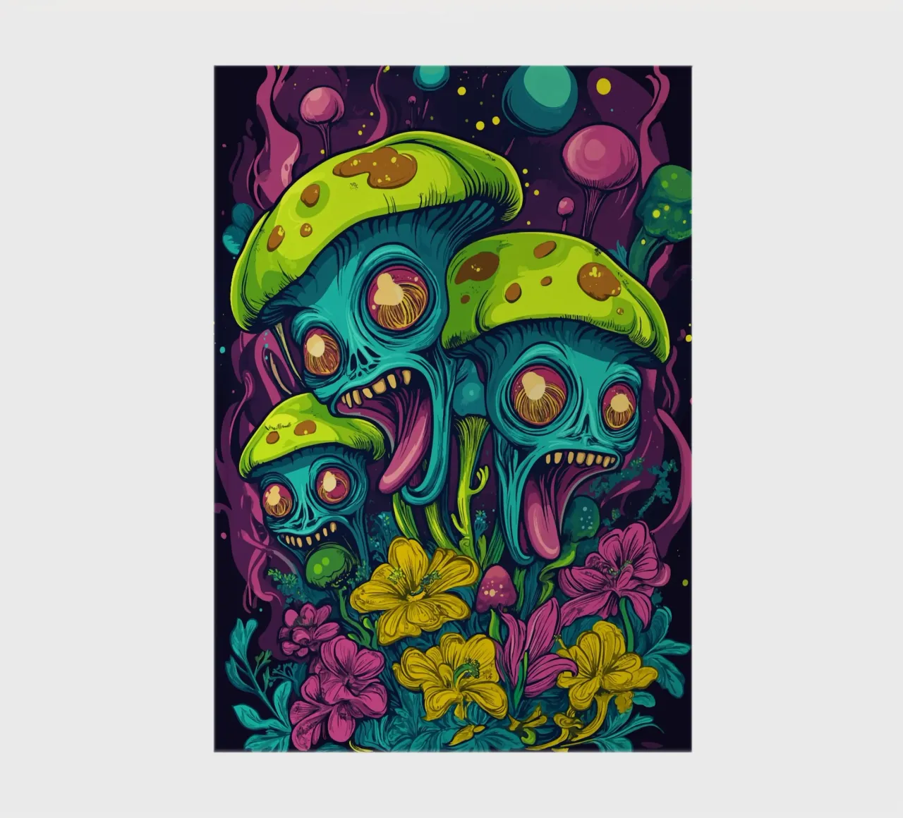 Psychedelic alien mushrooms with colourful flowers notebook by pixelbull - medieval art and more
