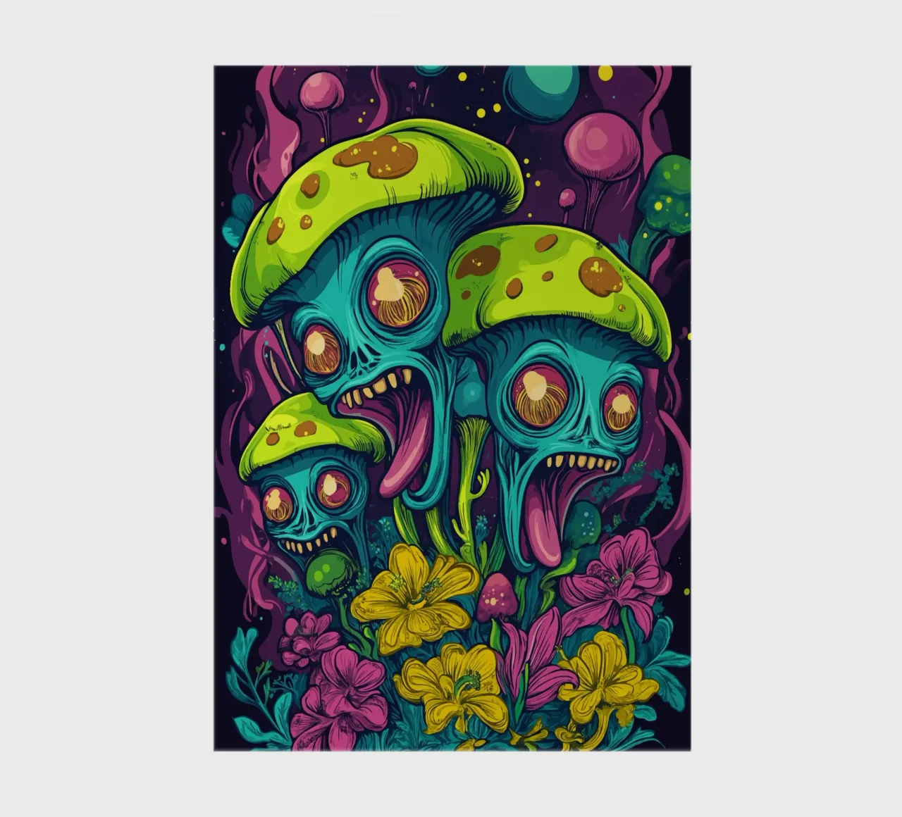 Psychedelic alien mushrooms with colourful flowers notebook by pixelbull - medieval art and more