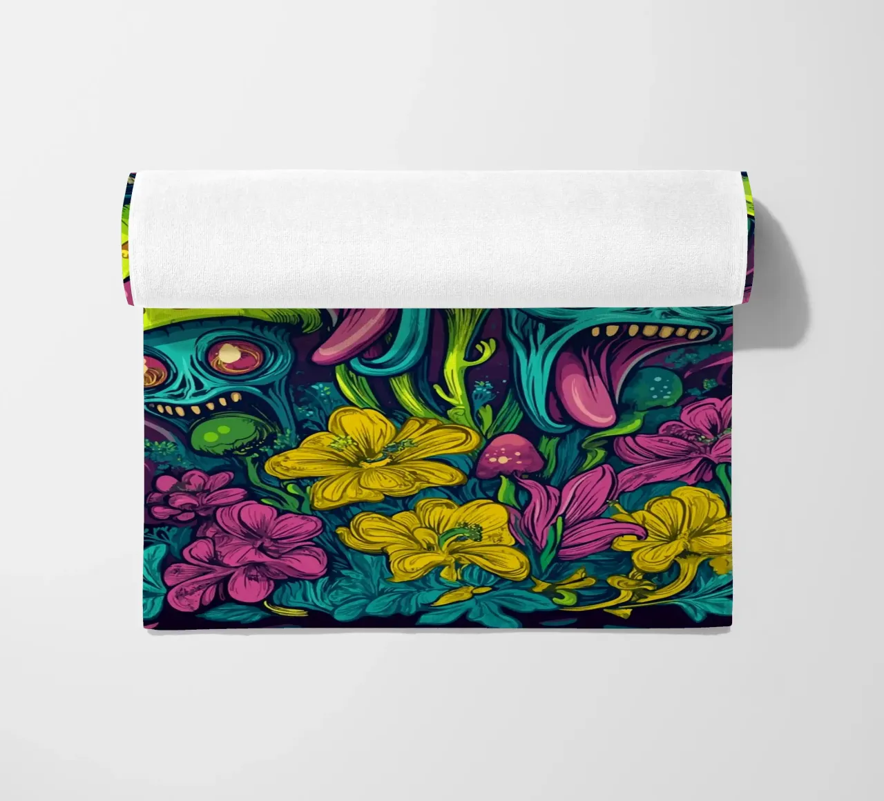 Funghi alieni psichedelici con fiori colorati telo mare da pixelbull - medieval art and more