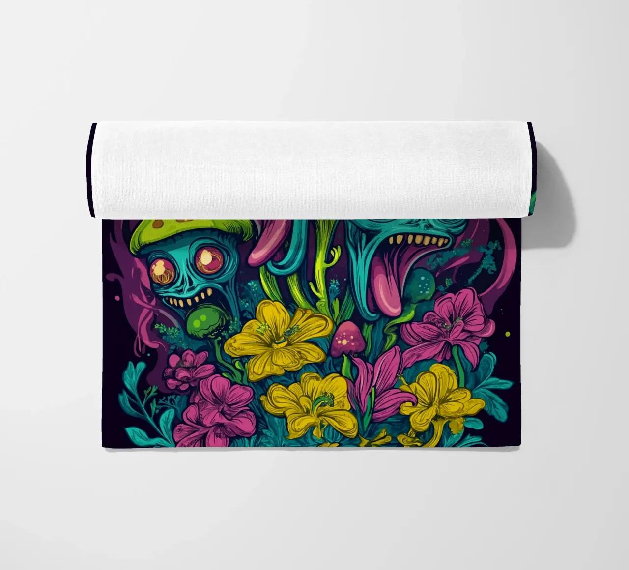 Funghi alieni psichedelici con fiori colorati telo mare da pixelbull - medieval art and more