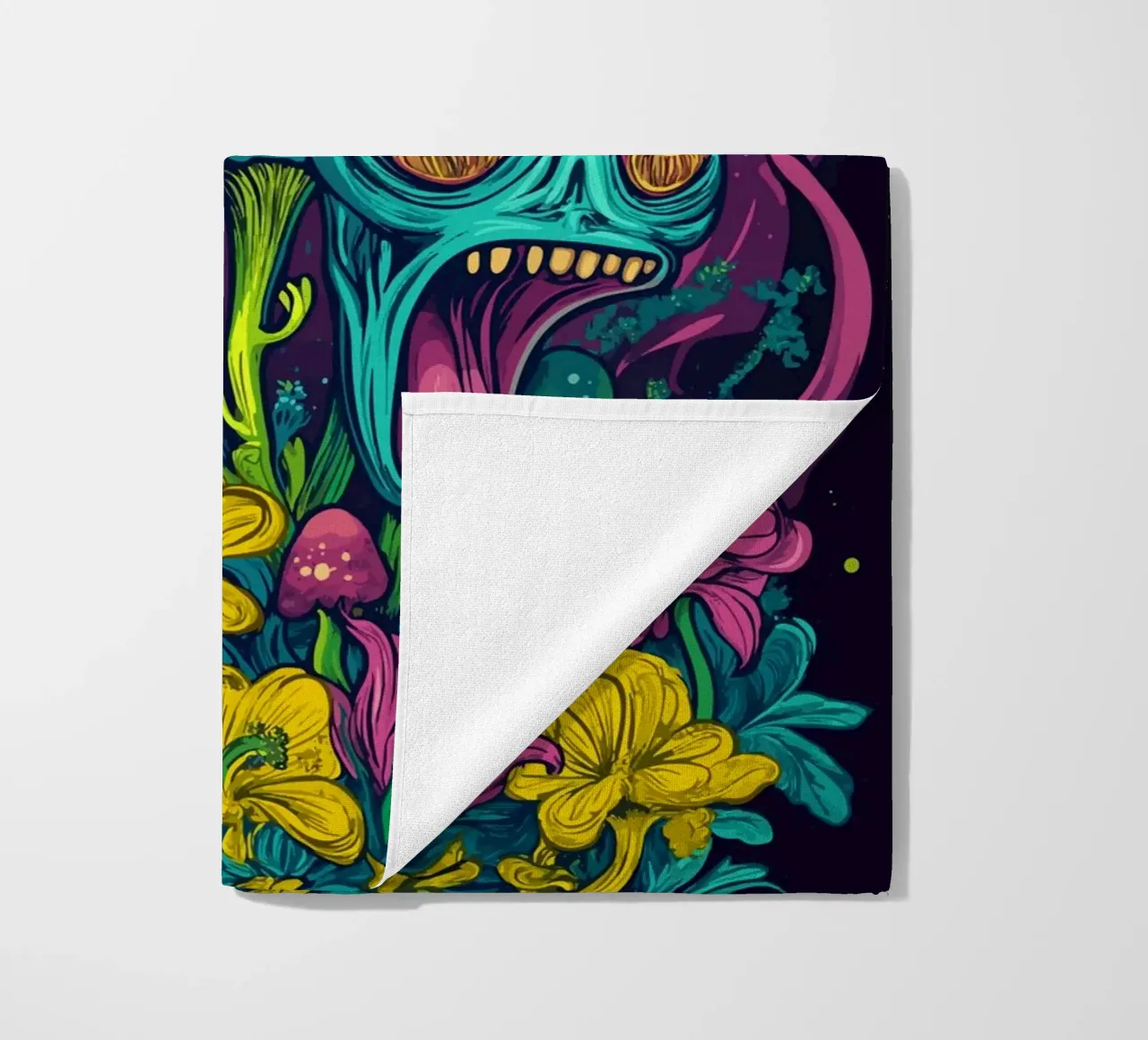 Funghi alieni psichedelici con fiori colorati telo mare da pixelbull - medieval art and more