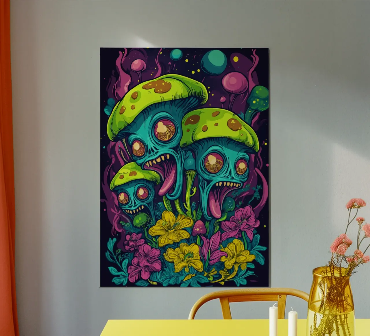 Psychedelische Alien-Pilze mit bunten Blumen Alu-Dibond von pixelbull - medieval art and more