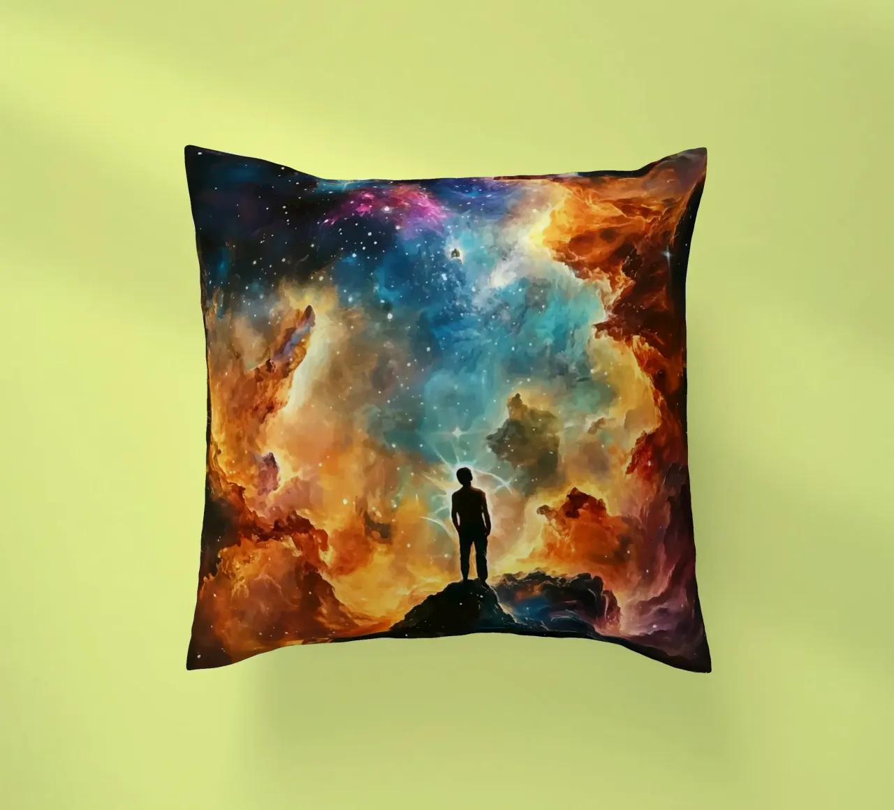 Man in the colourful starry nebula decorative cushion by pixelbull - medieval art and more