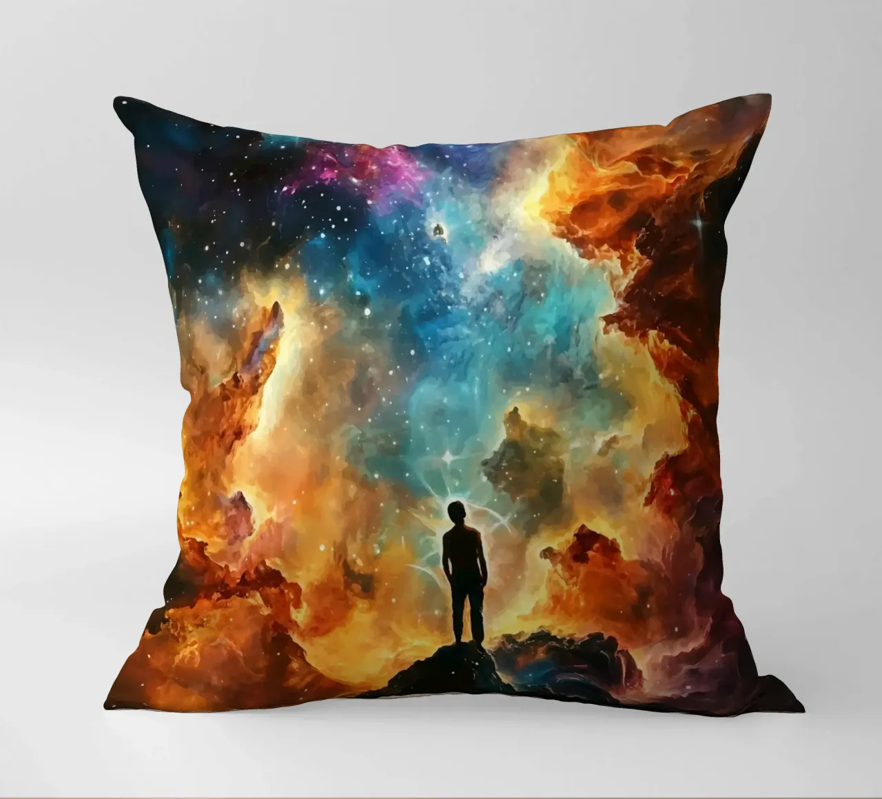 Man in the colourful starry nebula decorative cushion by pixelbull - medieval art and more