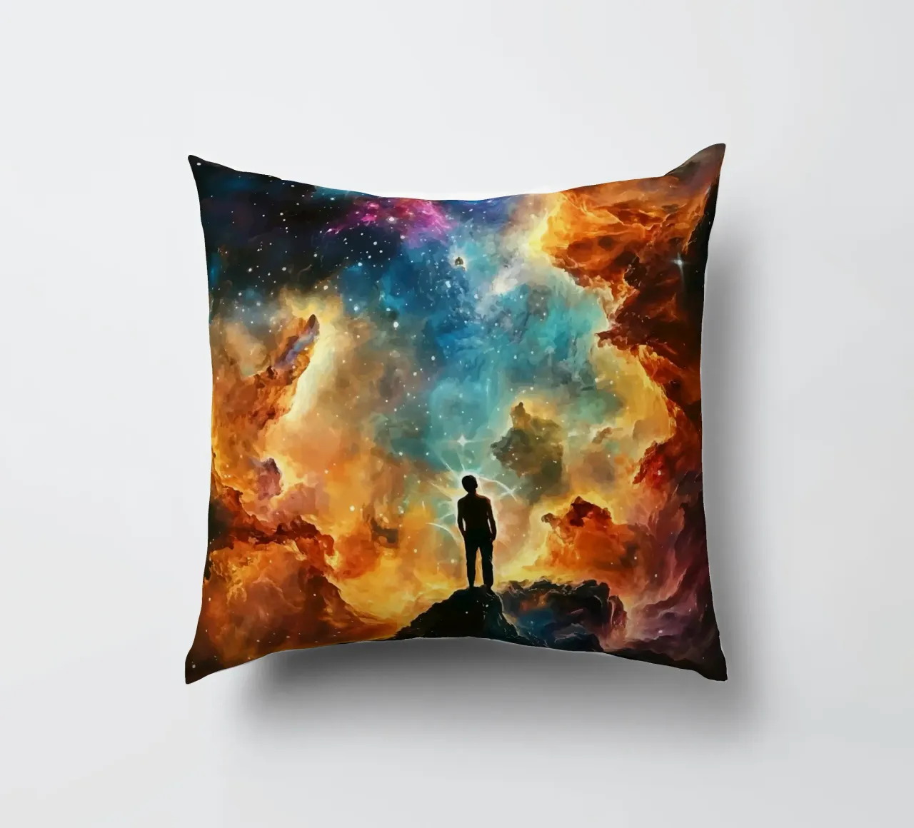 Man in the colourful starry nebula decorative cushion by pixelbull - medieval art and more