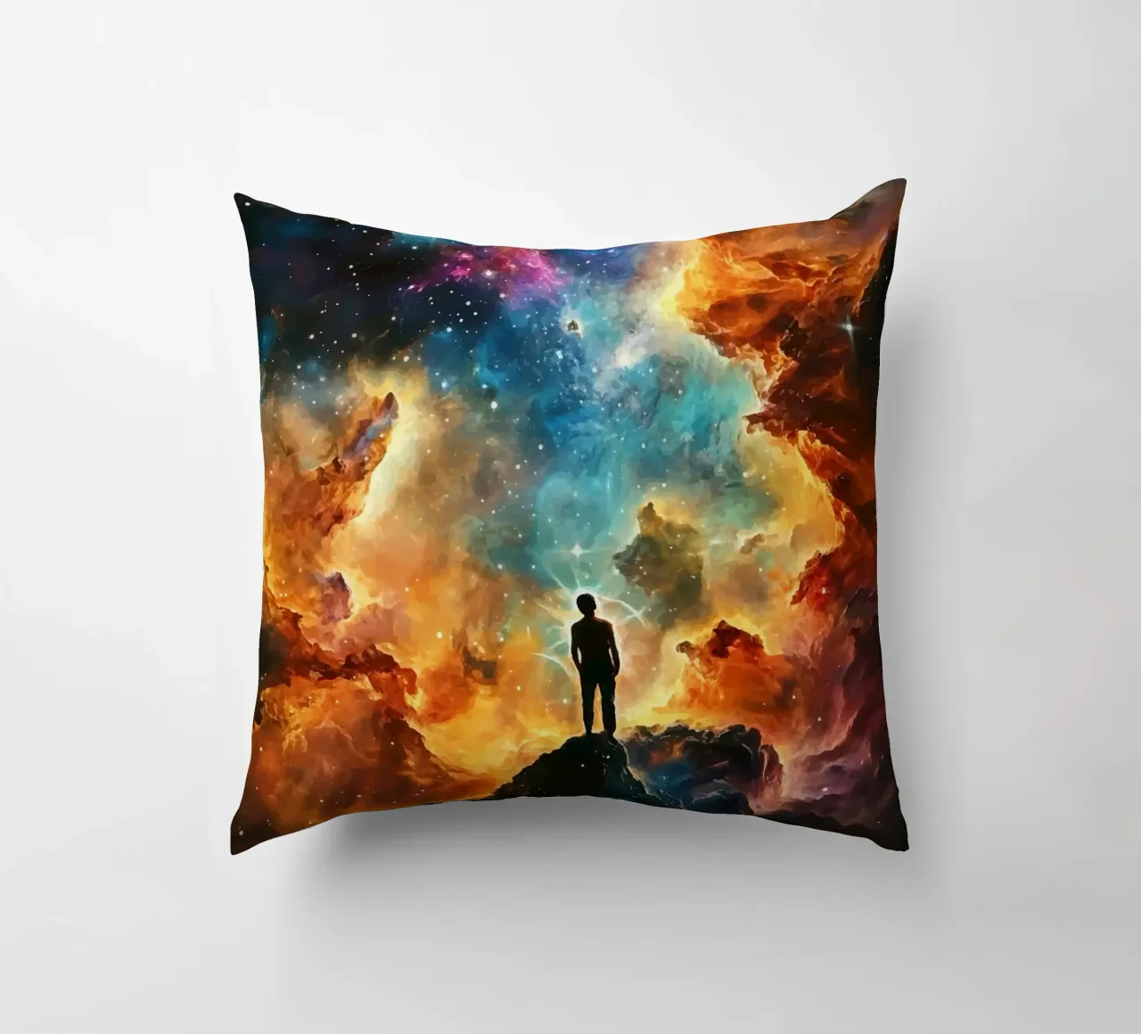 Man in the colourful starry nebula decorative cushion by pixelbull - medieval art and more