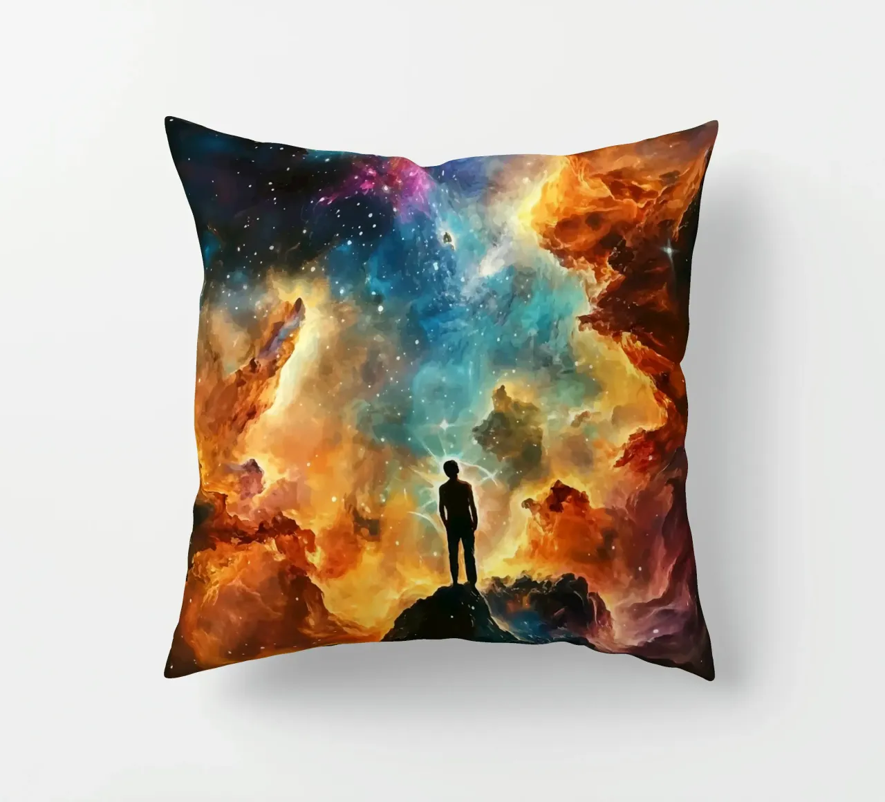 Man in the colourful starry nebula decorative cushion by pixelbull - medieval art and more