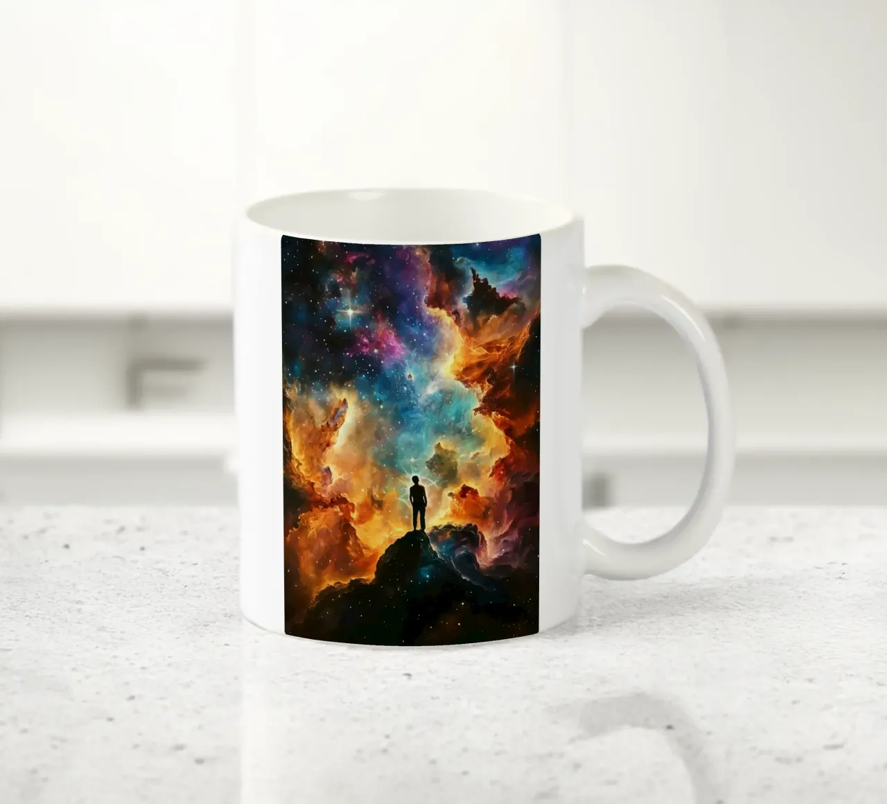 L'uomo nella colorata nebulosa stellata tazza in ceramica da pixelbull - medieval art and more