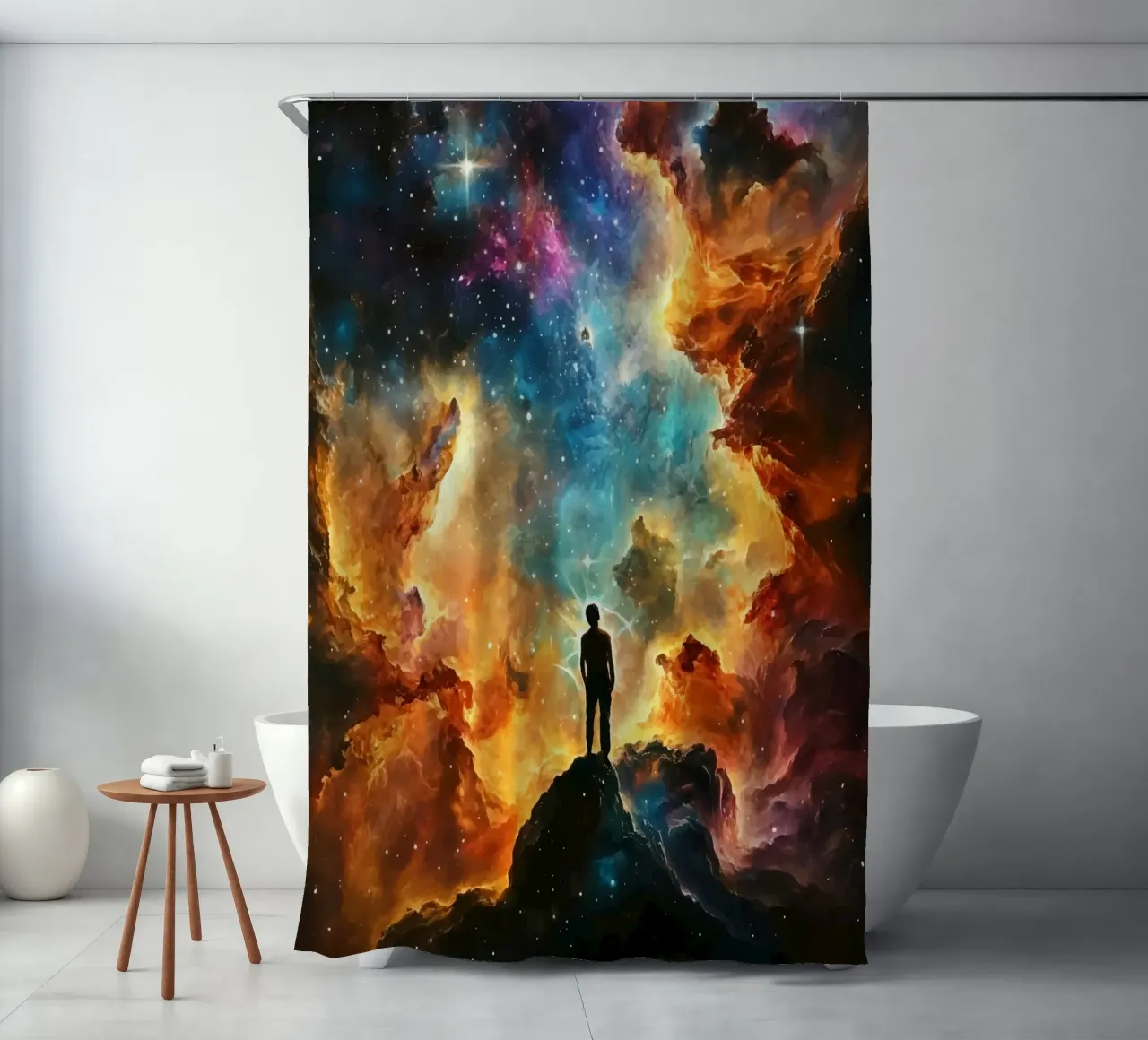 Man in the colourful starry nebula shower curtain by pixelbull - medieval art and more