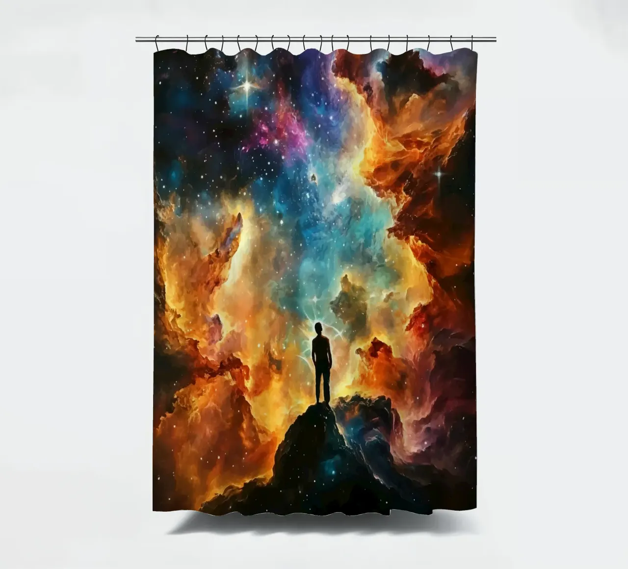 Man in the colourful starry nebula shower curtain by pixelbull - medieval art and more