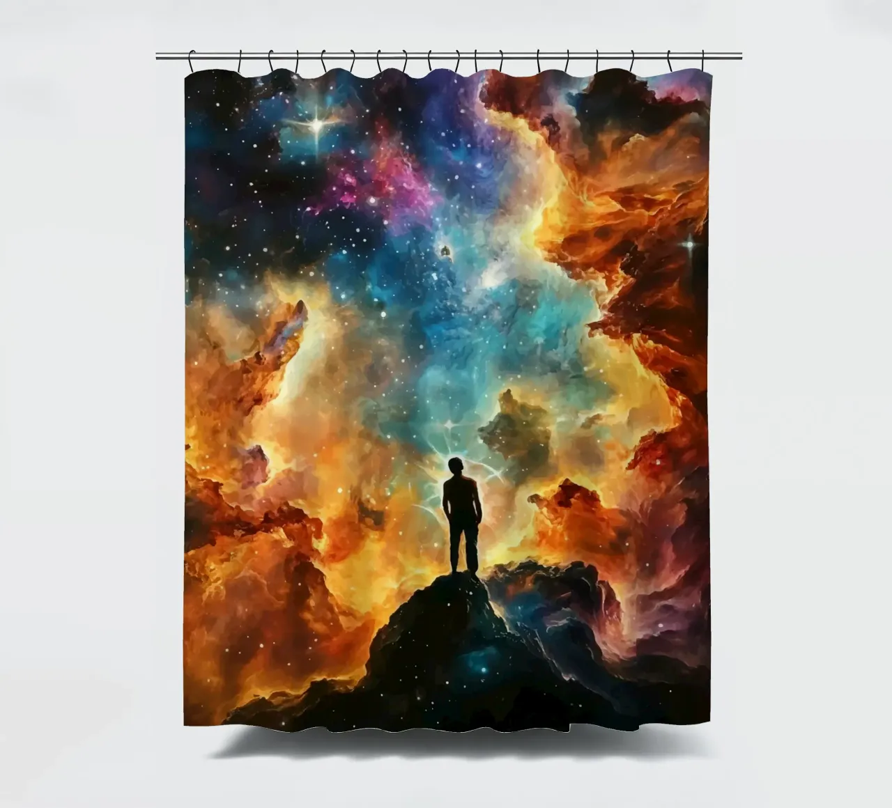 Man in the colourful starry nebula shower curtain by pixelbull - medieval art and more