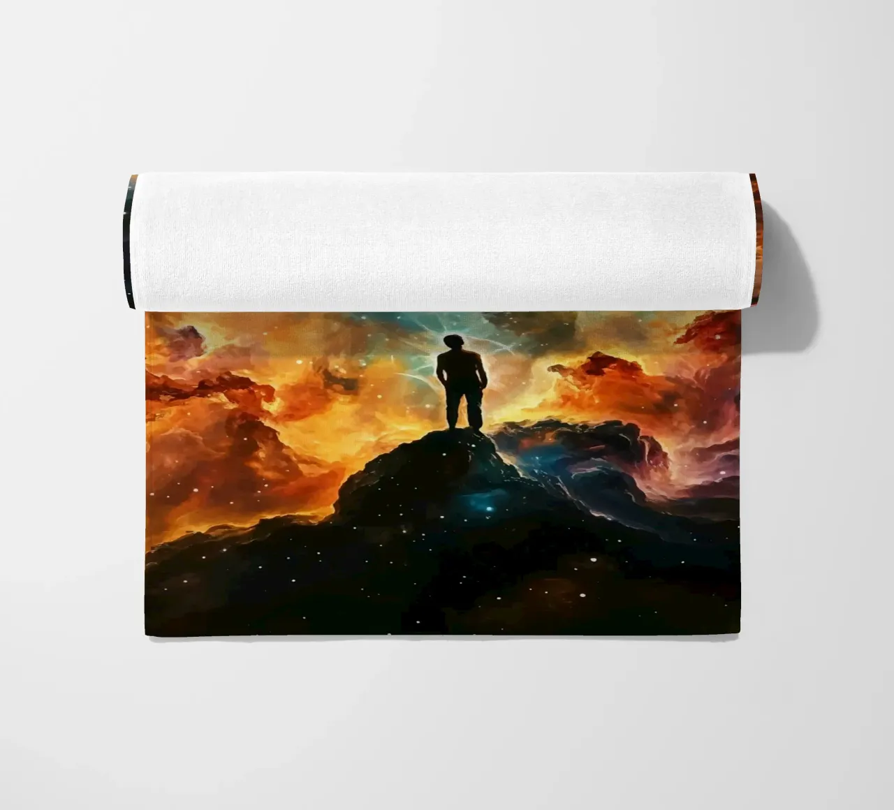 Man in the colourful starry nebula beach towel by pixelbull - medieval art and more
