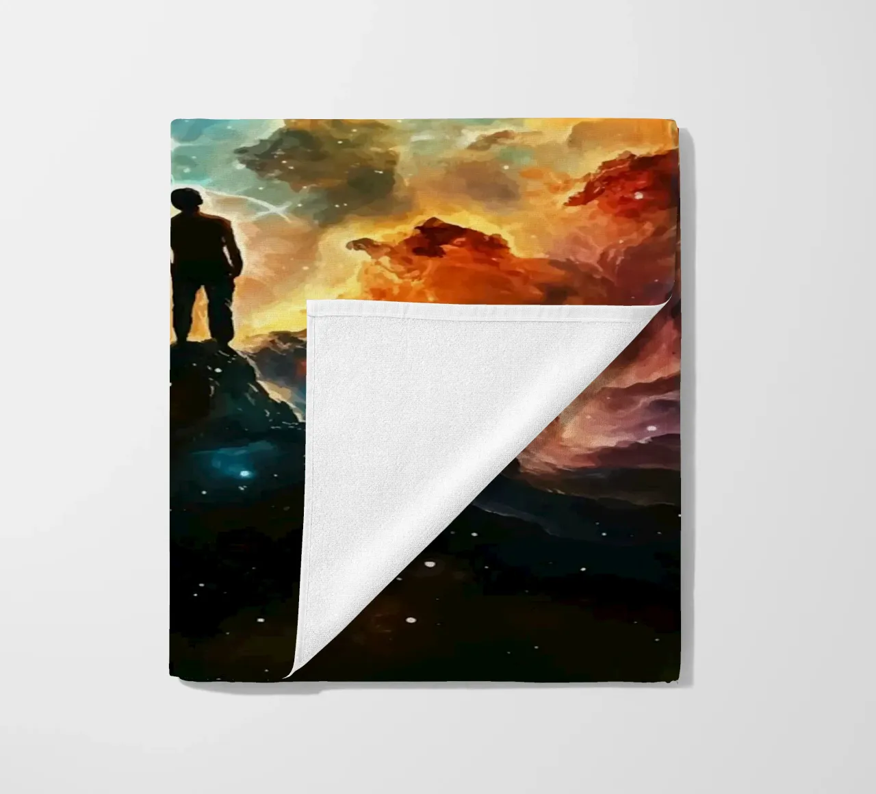 Man in the colourful starry nebula beach towel by pixelbull - medieval art and more