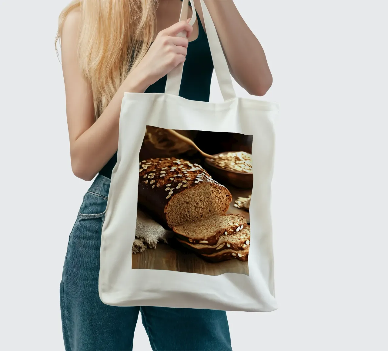 Pane d'avena su un tavolo di legno borsa in juta da pixelbull - medieval art and more